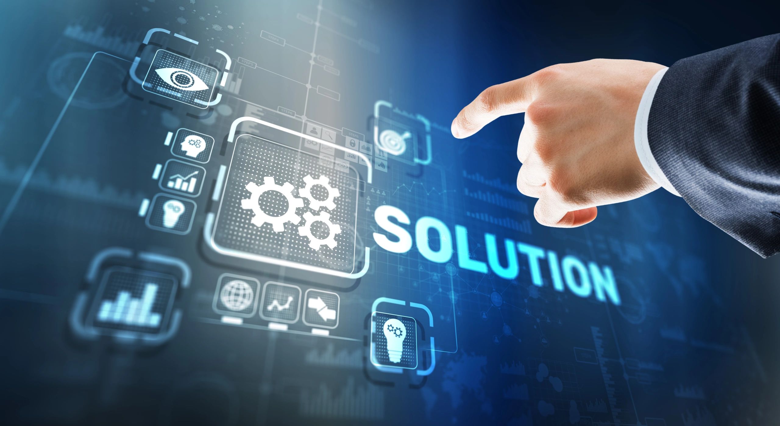 Solution. Businessman pressing on touch screen interface inscription